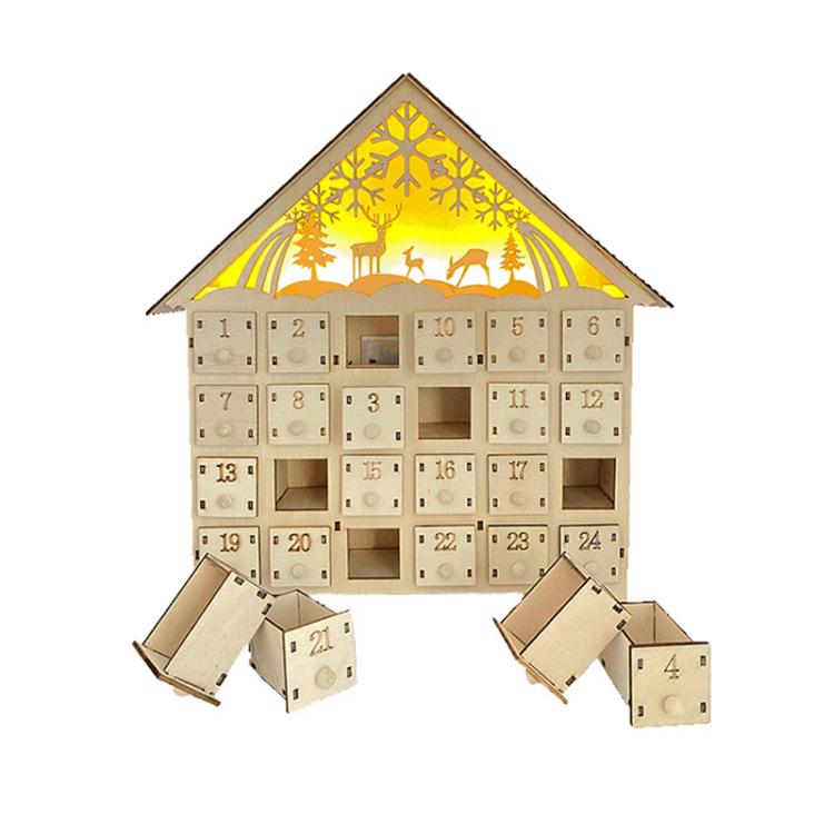 Wooden Christmas Decoration LED Lights 24-Day Countdown Calendar Ornament Gift Box