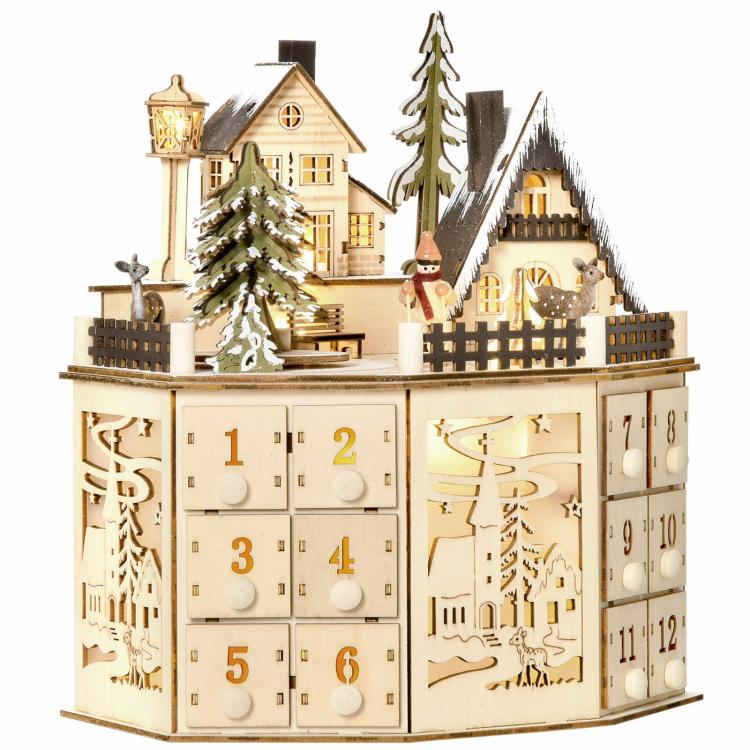 Wooden Village Scene 24 Days Countdown Christmas Music Calendar With Lights