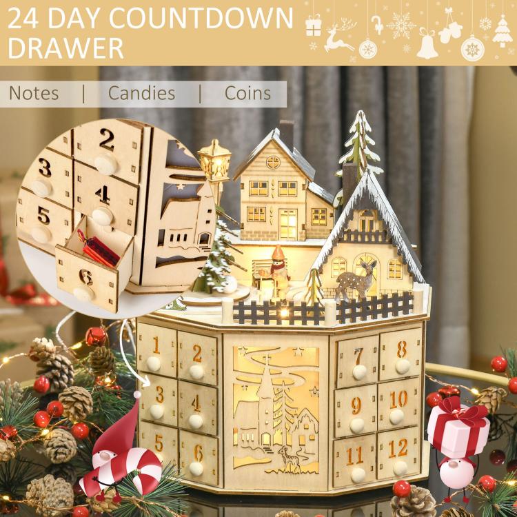 Wooden Village Scene 24 Days Countdown Christmas Music Calendar With Lights