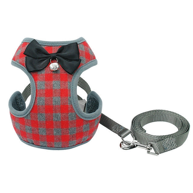 Adjustable Bow Plaid Vest Lead Pull Rope Leash for Cat Dog Pet
